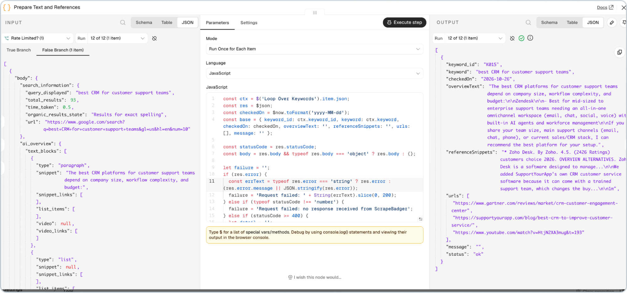 n8n Code node extracting AI Overview text, reference snippets and cited URLs from ScrapeBadger