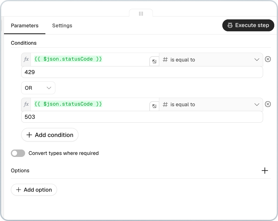 n8n IF node checking for 429 or 503 errors to retry AI Overview requests