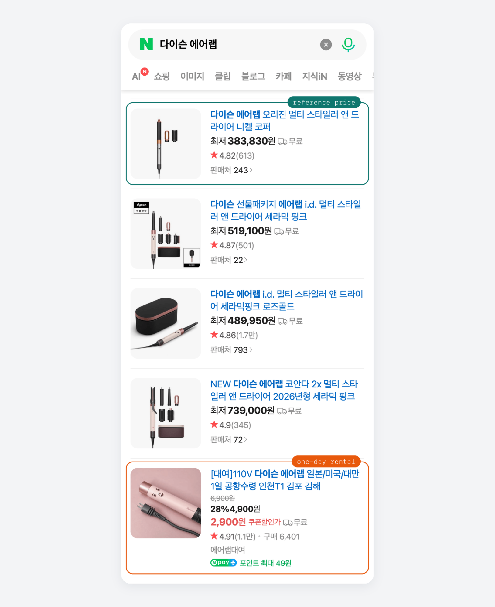 Naver Shopping Dyson Airwrap results with a one-day rental listing priced far below the 383,830 KRW catalog price