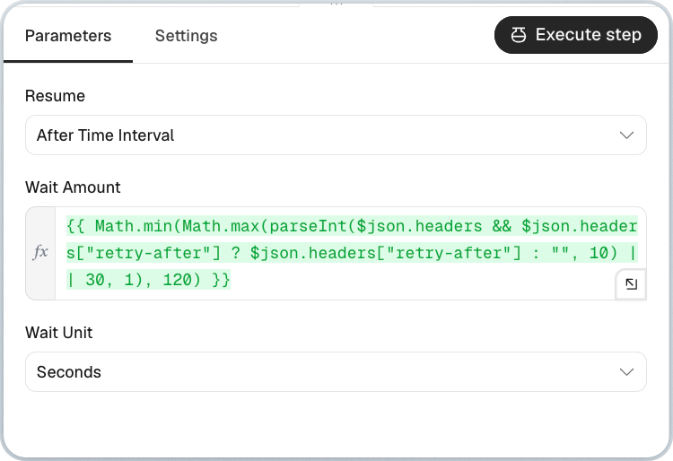 n8n Wait node using the retry-after header to pause before retrying AI Overview requests