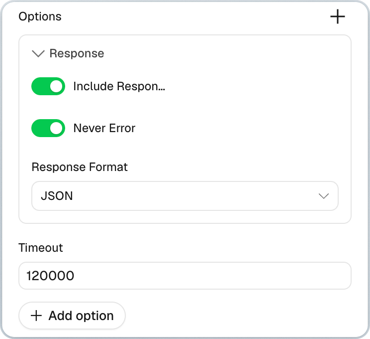 n8n HTTP Request response options with JSON format and a 120-second timeout for AI Overview data