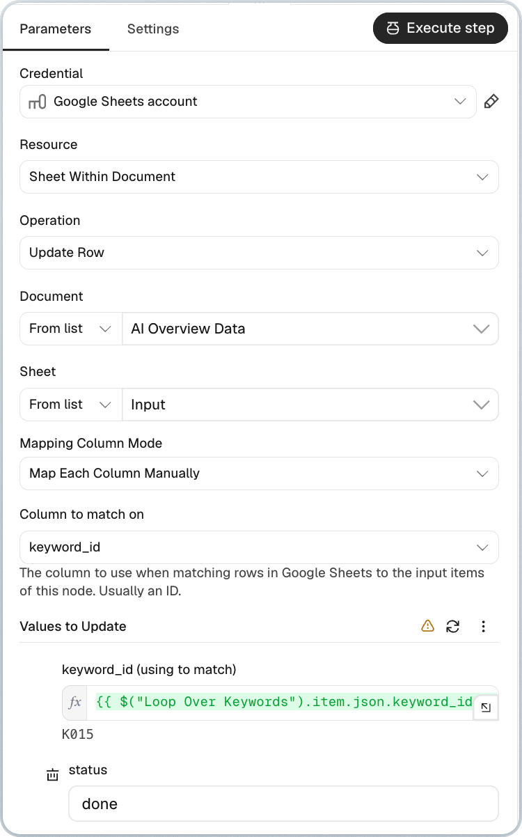 n8n Google Sheets Update Row node matching keyword_id to mark AI Overview checks as done