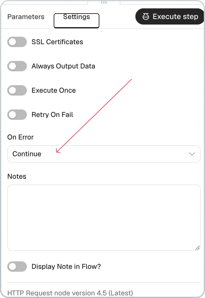n8n node settings with On Error set to Continue so failed AI Overview requests don’t stop the workflow