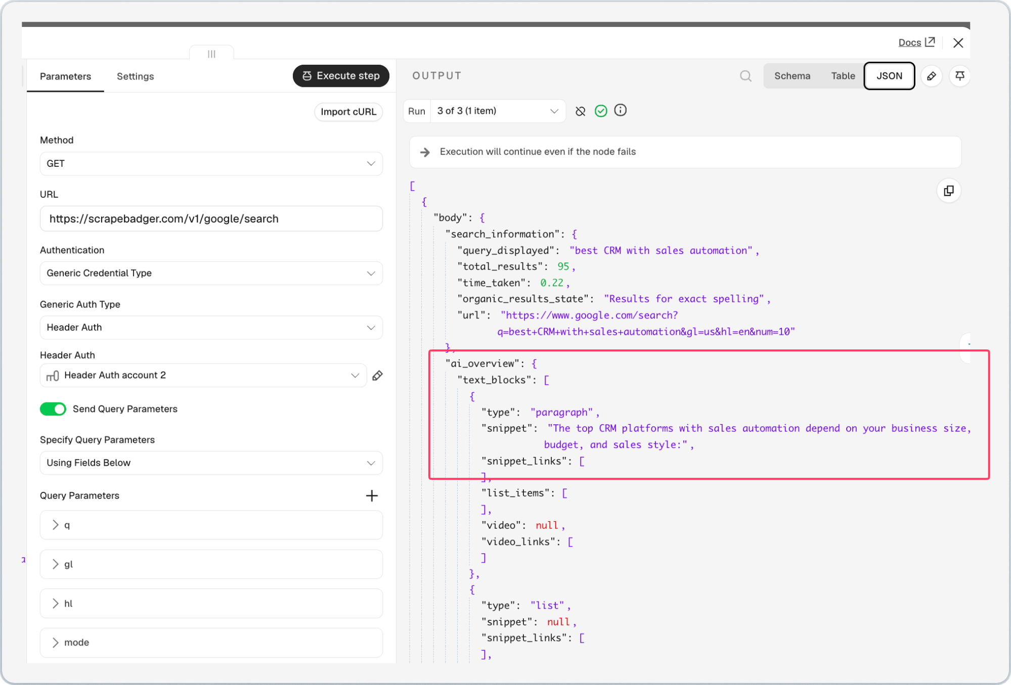ScrapeBadger JSON response in n8n showing Google AI Overview text blocks for a CRM keyword