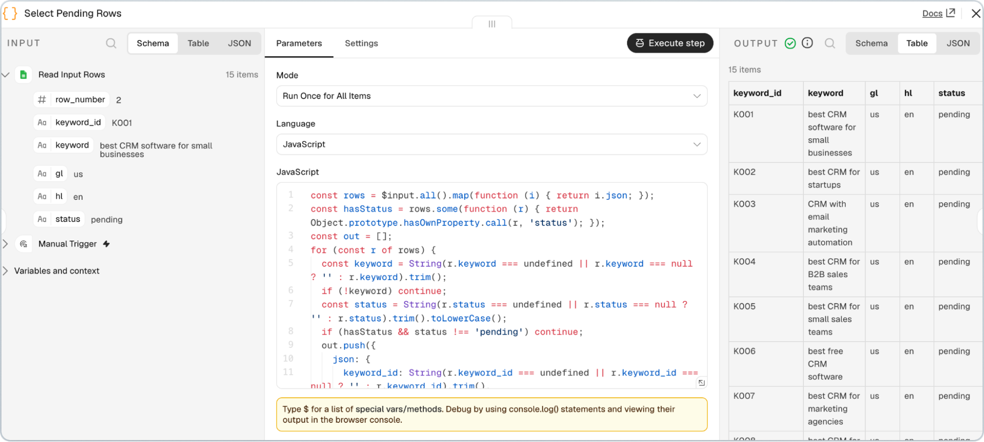 n8n Code node filtering pending keywords for AI Overview brand mention checks