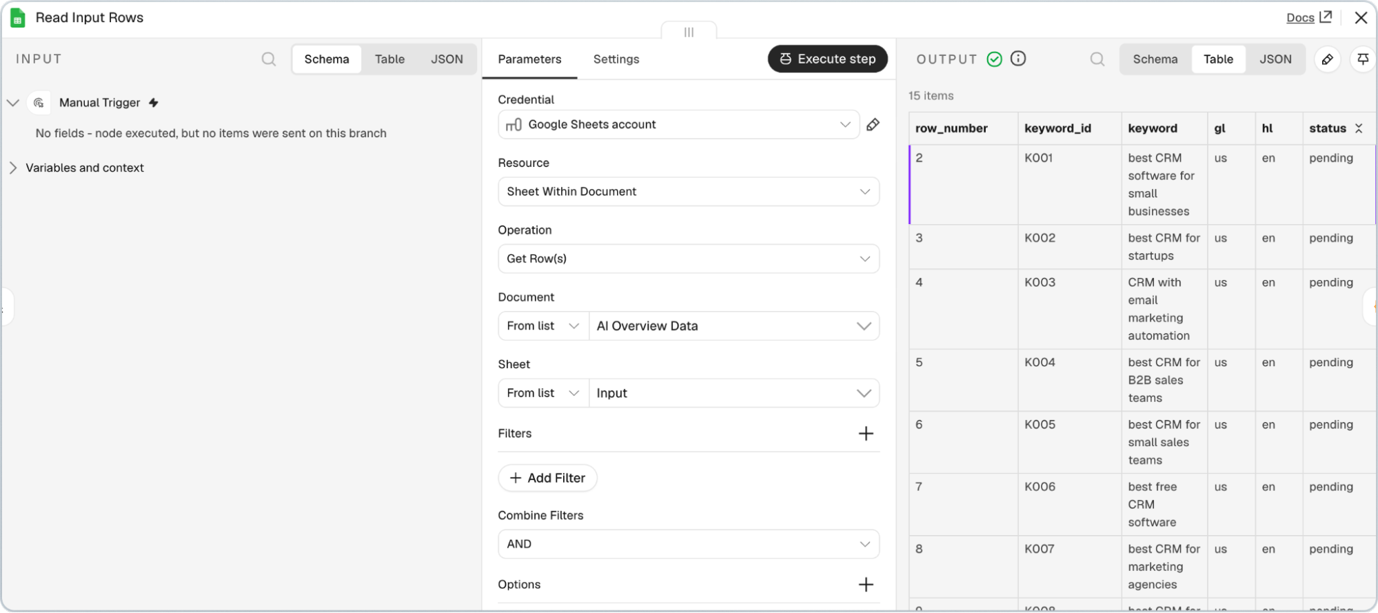n8n Google Sheets node reading AI Overview keywords from the input tab