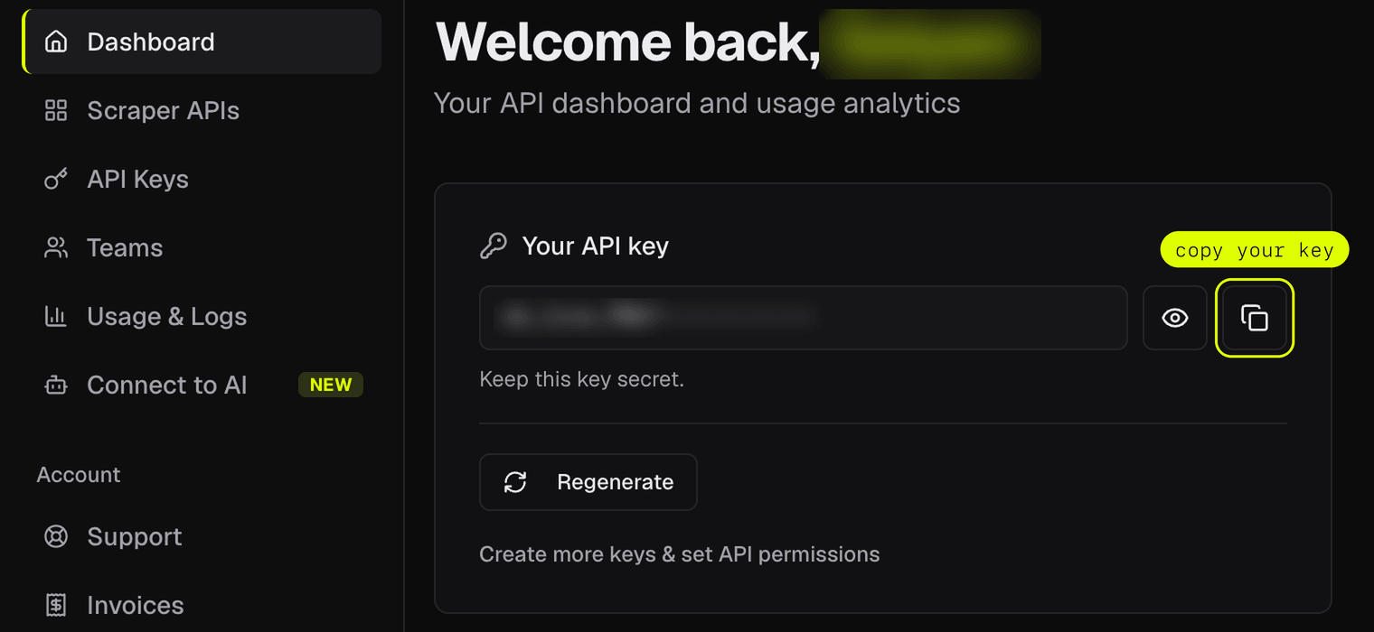 ScrapeBadger dashboard with the API key to copy for the Naver Scraper API