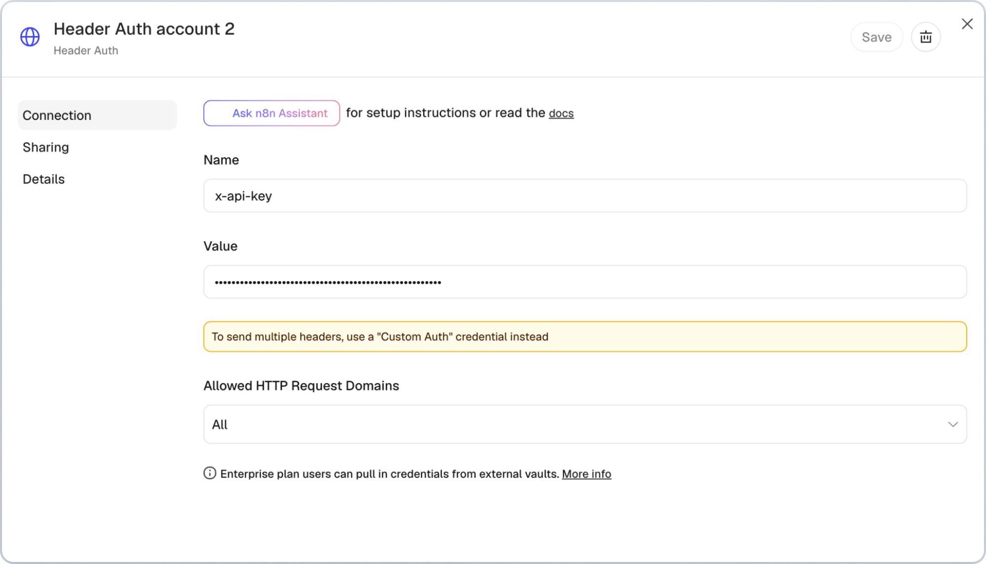 n8n Header Auth credential with x-api-key for ScrapeBadger AI Overview requests