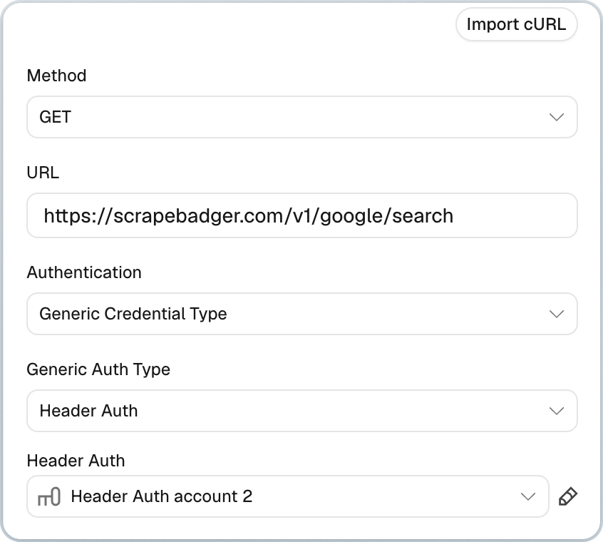n8n HTTP Request node set up for the ScrapeBadger Google Search API to fetch AI Overviews